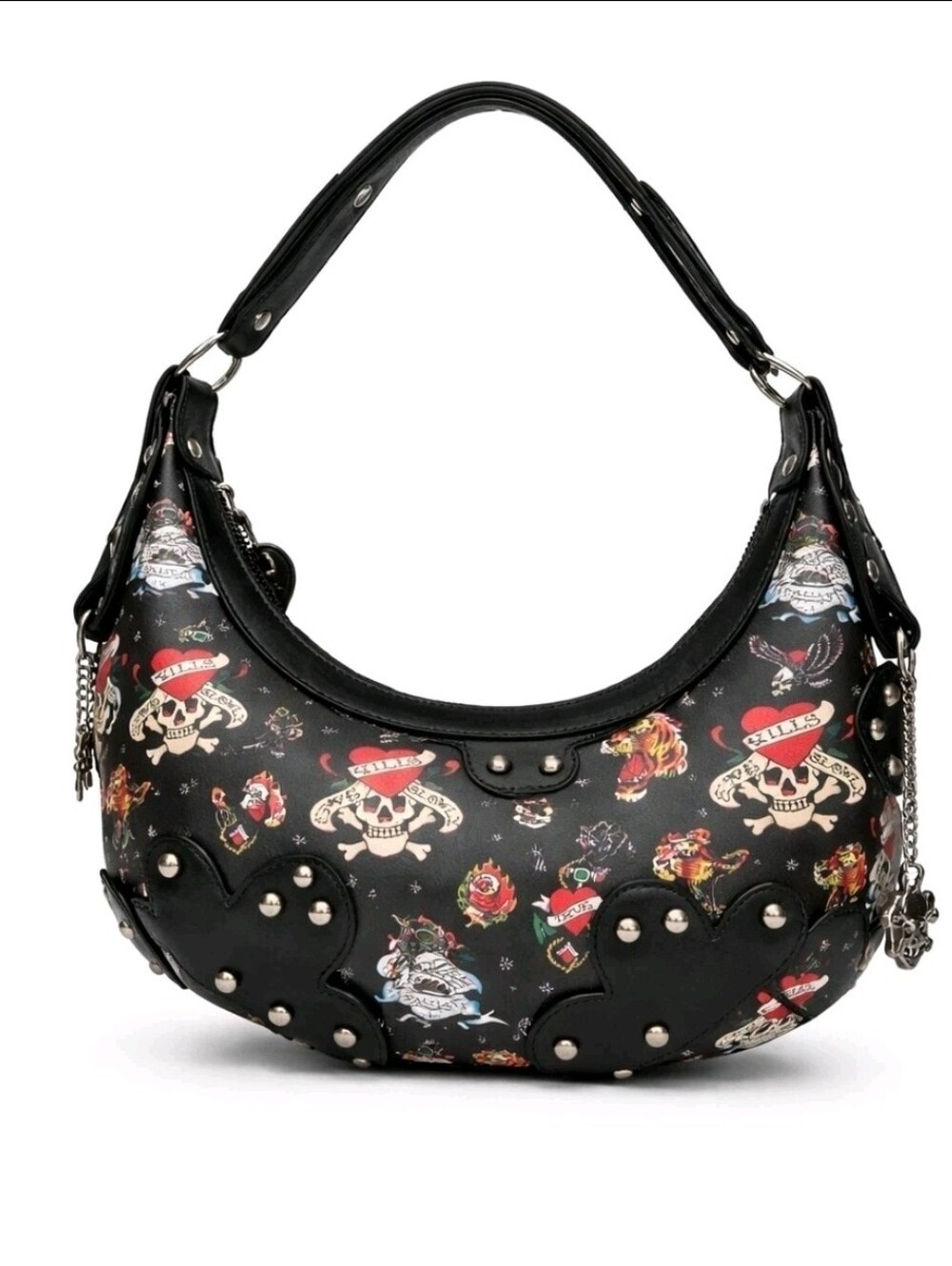 NWT Ed Hardy Black Tattoo Print Studded Hobo Shoulder Bag Vegan Leather Y2K